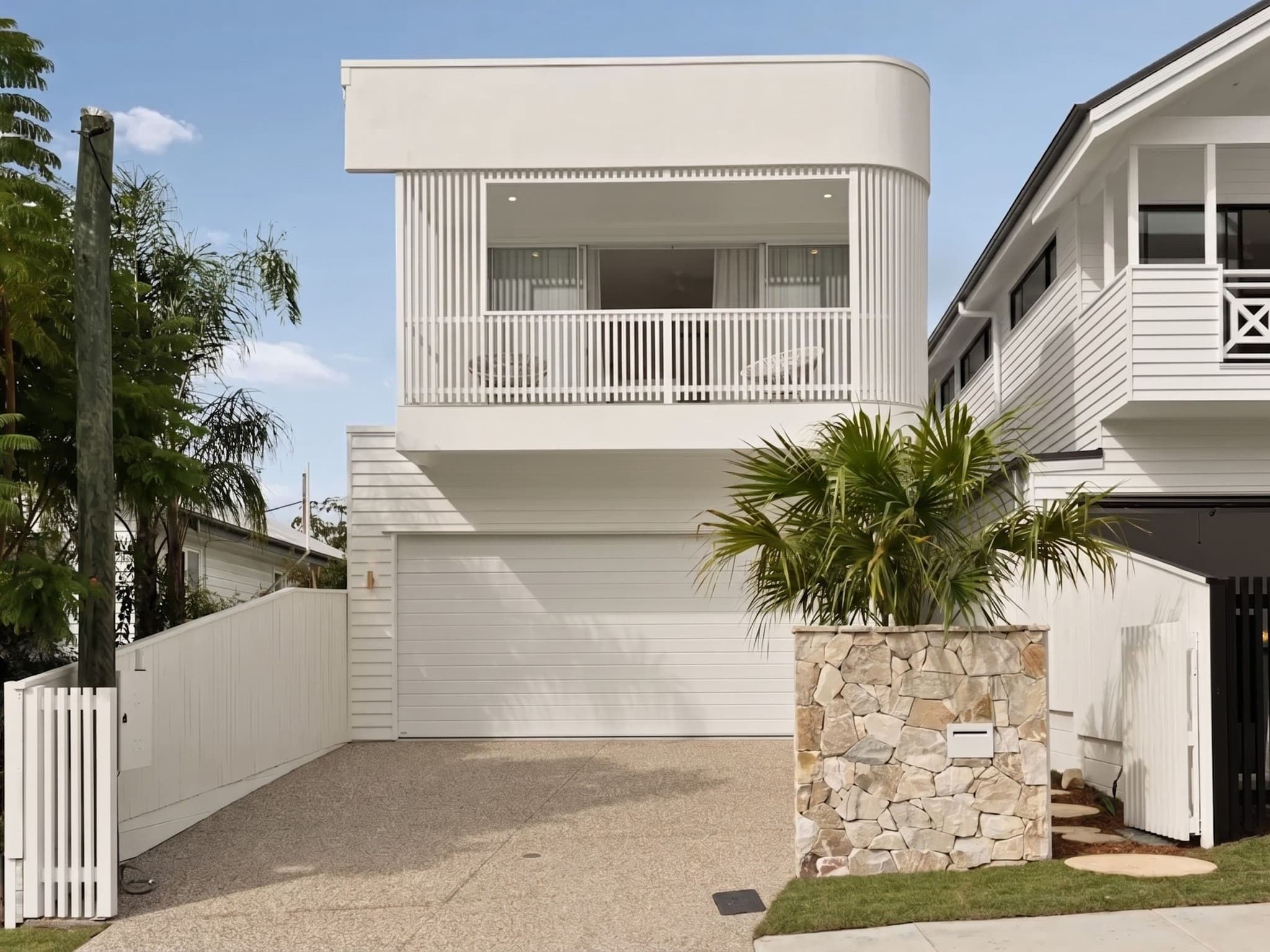 Coastal-style white two-storey home in Camp Hill with battened balcony and stone feature pier.