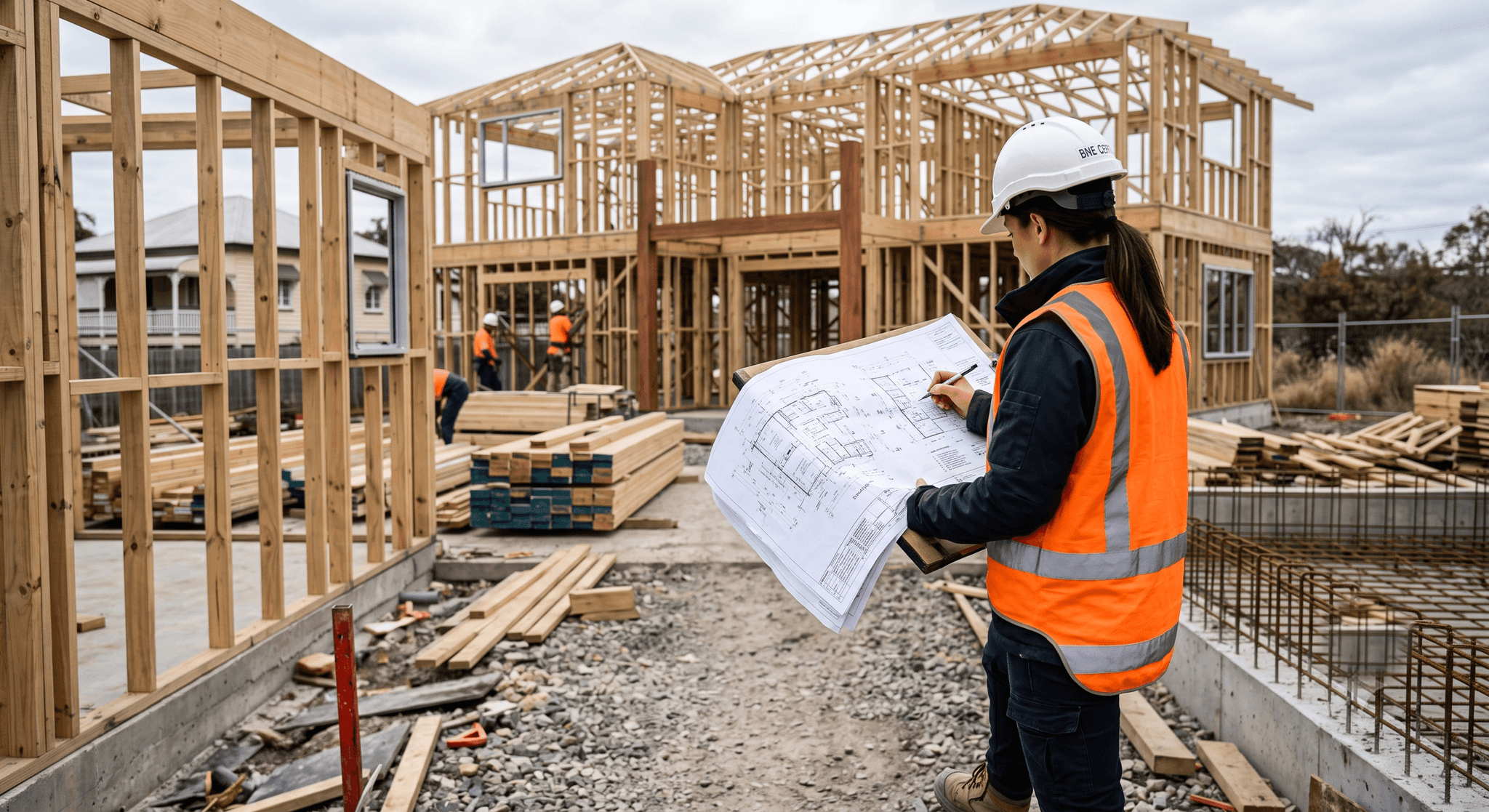 Building certifier reviewing house plans on-site at a Brisbane timber-frame home under construction, with workers framing the structure in the background