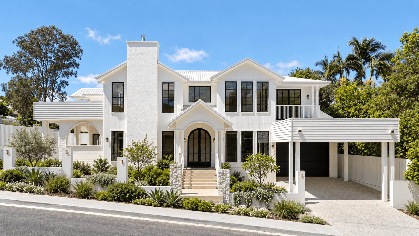 Front facade of Wylma House in Greenslopes, a two-storey white custom home with black-framed windows, gabled rooflines, a feature chimney, arched black double entry doors and a carport.