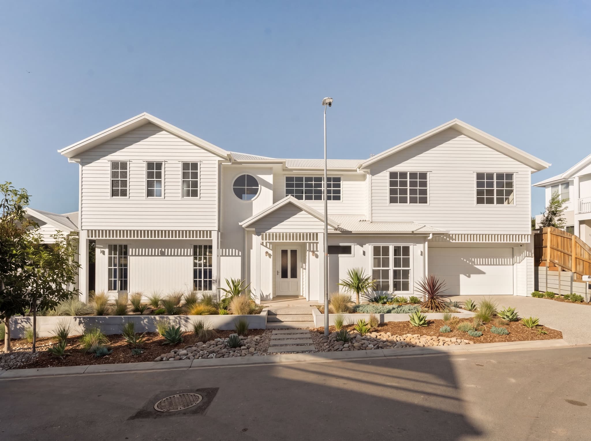 Two-storey white weatherboard custom home with twin gables, a round upper-storey window and native front landscaping.