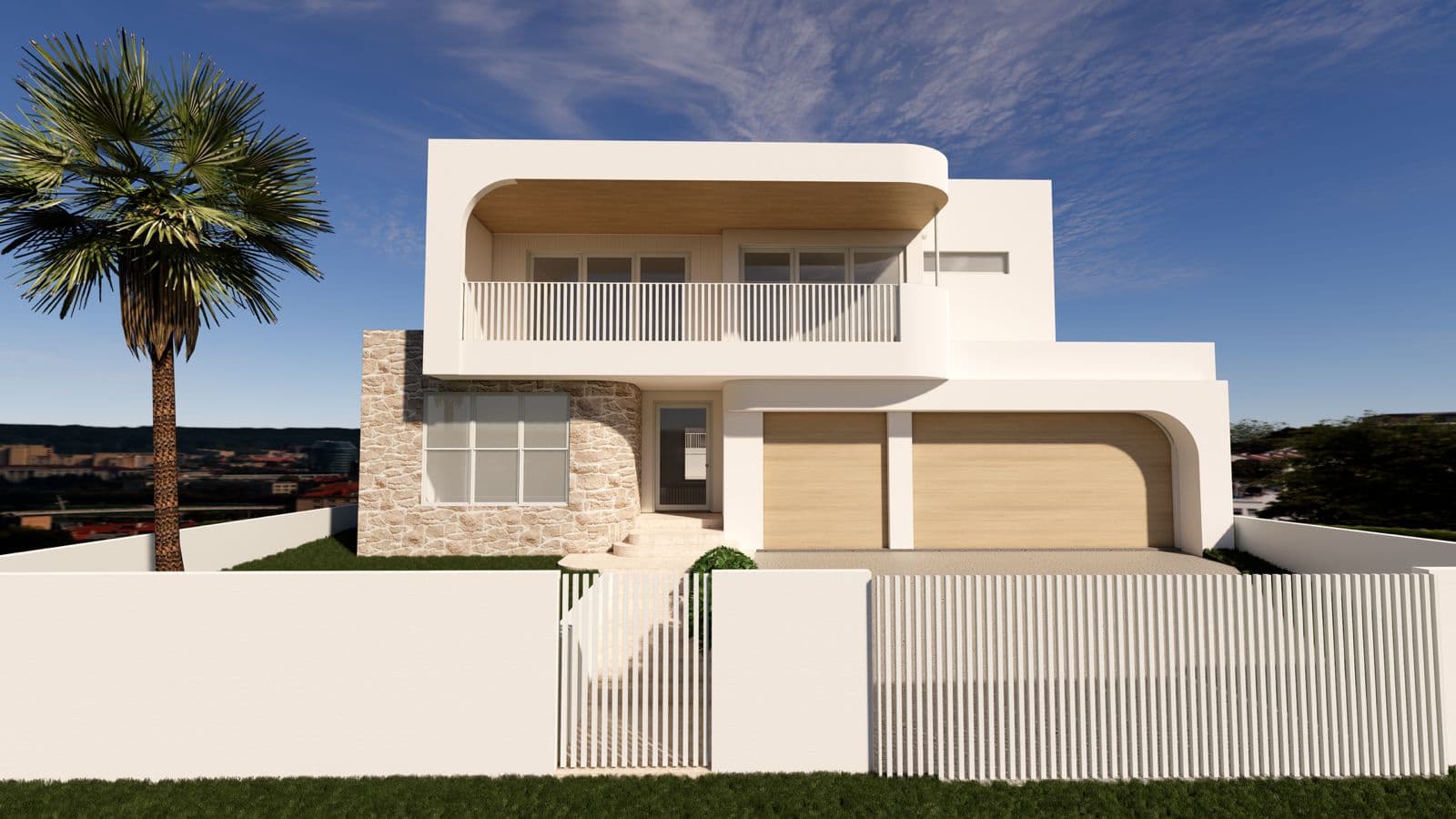 3D render of the front facade of a modern two-storey custom home featuring curved white architecture, natural stone cladding, timber garage doors, and a balcony with a timber-lined ceiling.