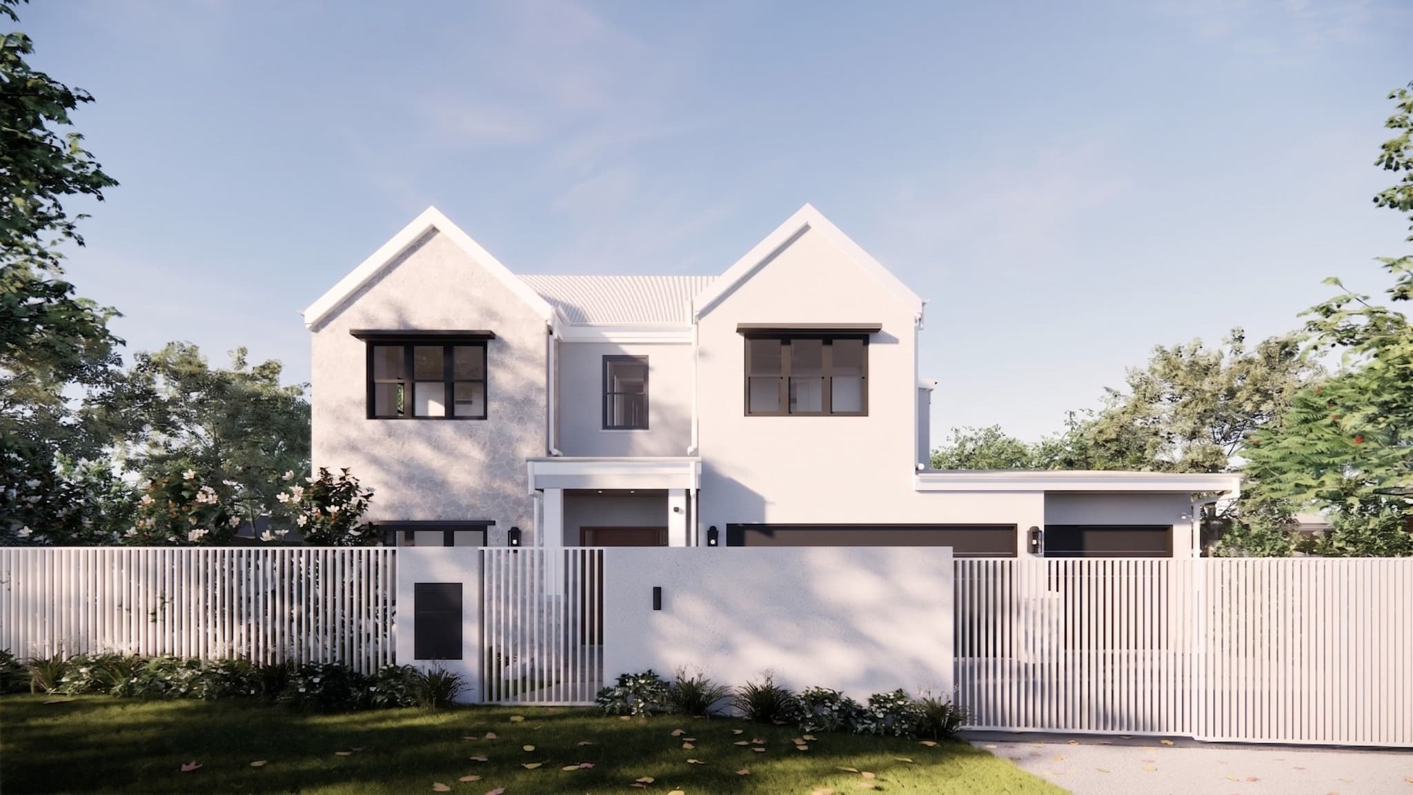 Architectural render of a two-storey gabled home in Camp Hill with white render and slat fencing.