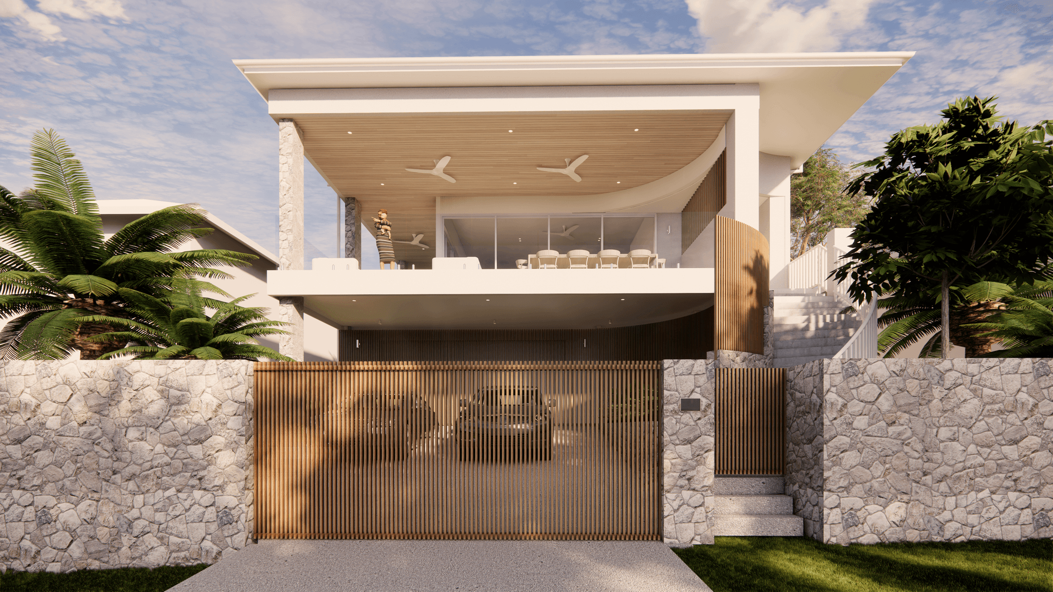 Exterior 3D render of a modern multi-storey custom home featuring a natural stone front wall, vertical timber batten gate, and an elevated outdoor entertaining balcony with a timber-lined ceiling.