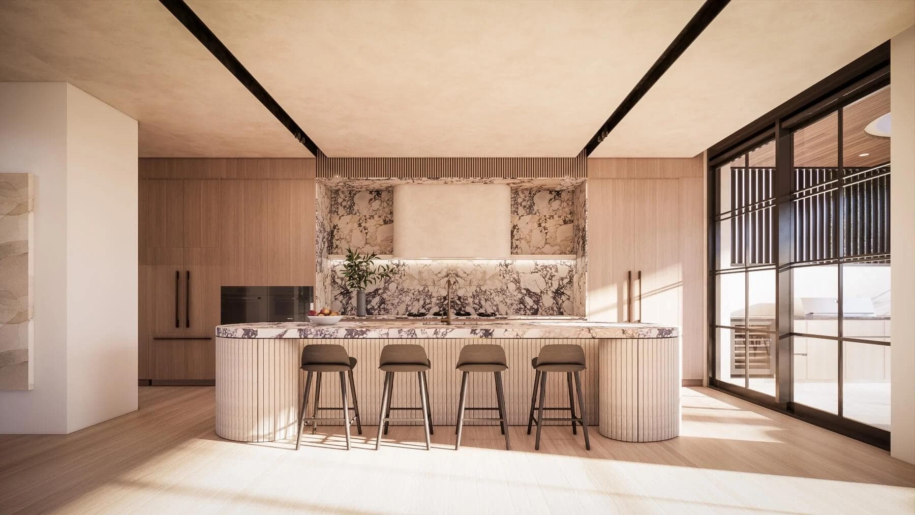 Architectural render of a curved fluted island bench in dramatic veined marble with timber cabinetry.