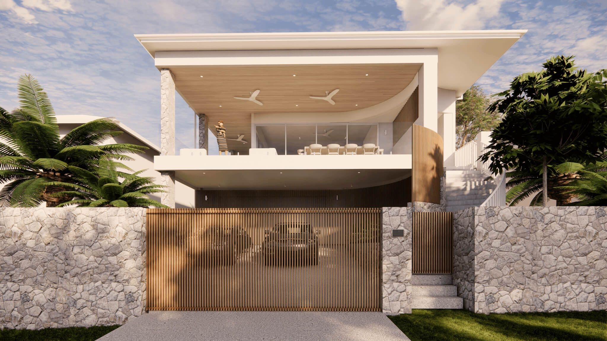 Architectural render of a two-storey custom home with stone boundary wall and timber batten gate