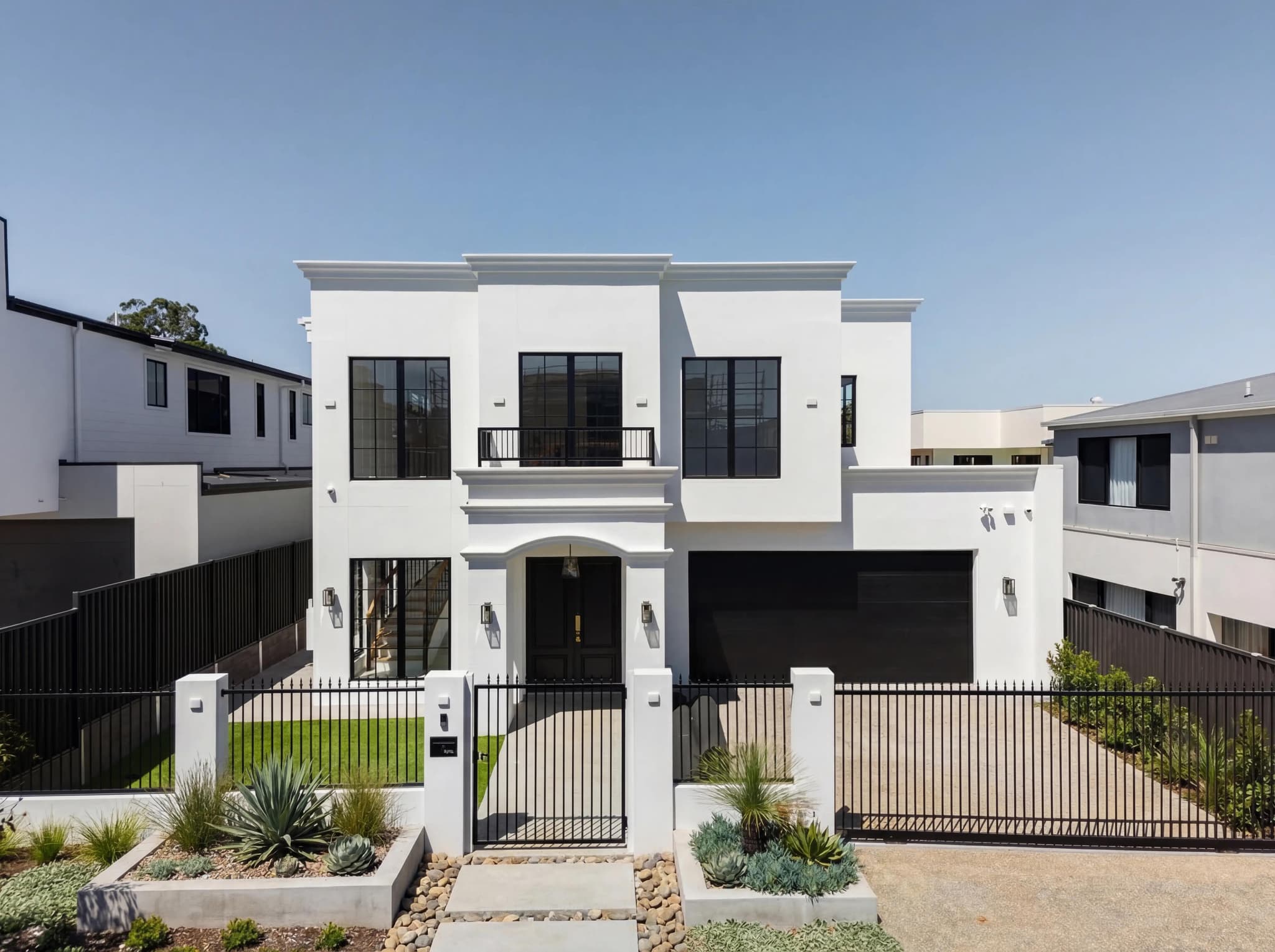 Front facade of a luxury Mediterranean-inspired custom home featuring crisp white render, contrasting black framed windows, a grand arched entrance, and modern landscaping.