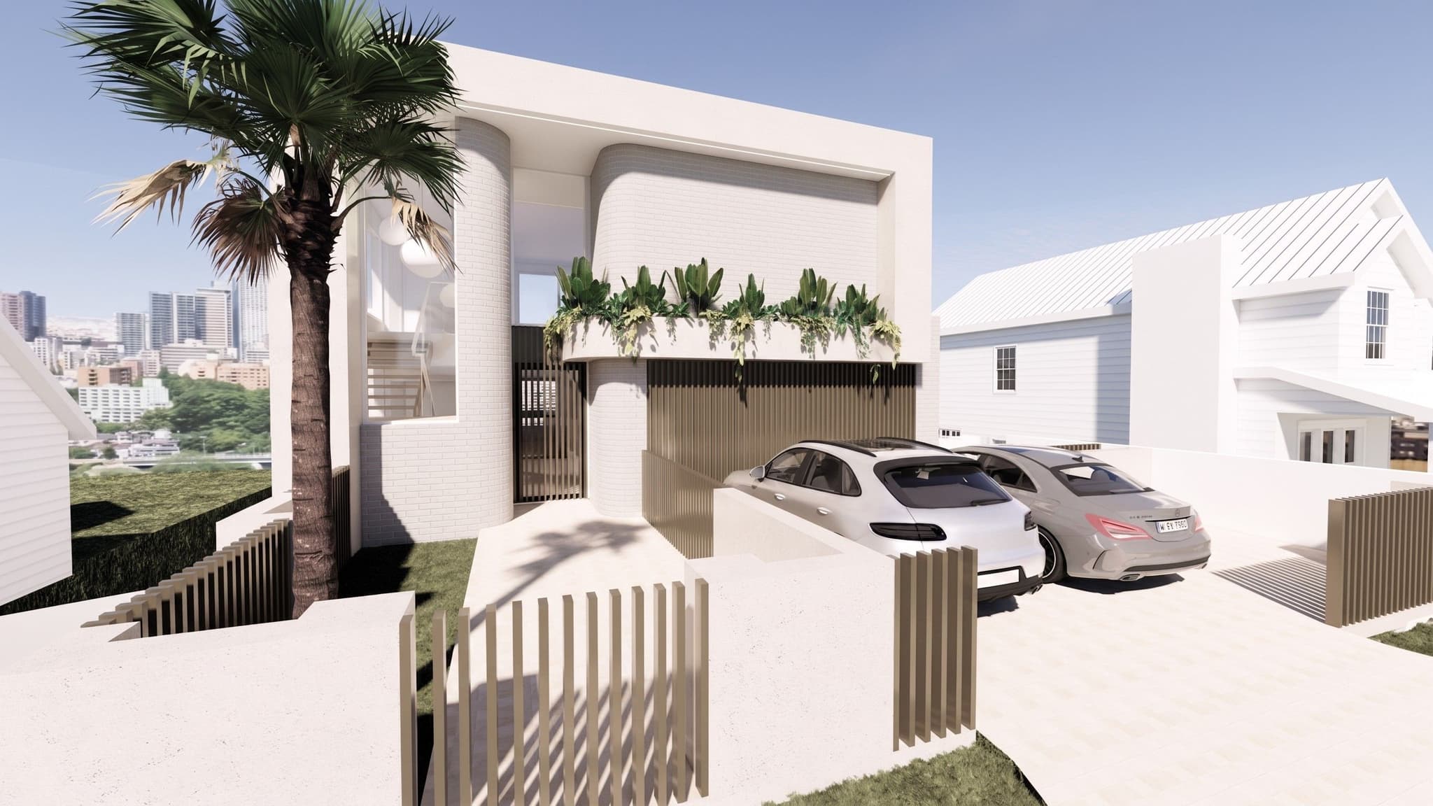 3D render of a modern two-storey custom home exterior on a narrow lot, featuring curved white brickwork, a built-in planter box, vertical timber batten garage doors, and a city skyline in the background.