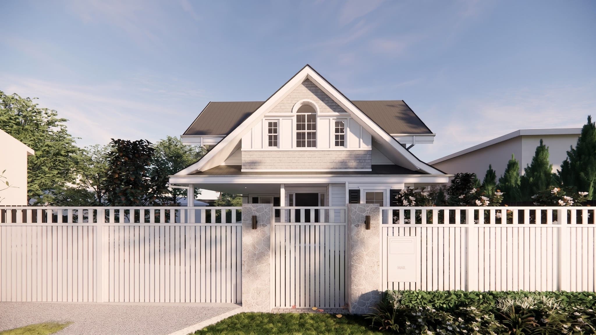 Architectural render of a gabled coastal home behind a white picket fence in Manly.
